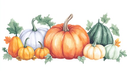 Obraz premium A clipart style watercolor illustration of a Pumpkin patch with various sizes of pumpkins, The background must be plain white to emphasize the illustration