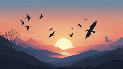Obraz premium birds flying over the sunset