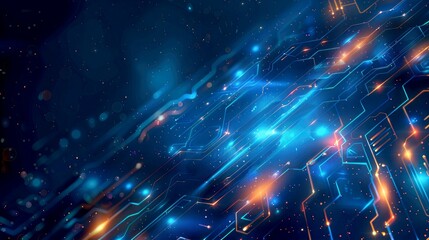 Abstract digital circuit board with glowing lines and dots