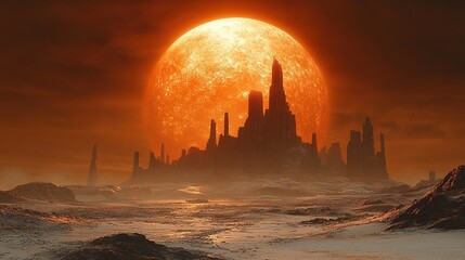 An orange moon lights up an alien landscape.