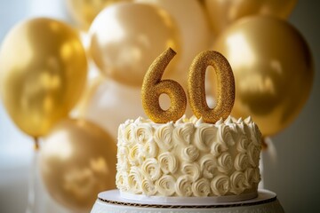 A festive cake with golden 60 topper surrounded by golden balloons at a celebration event for a milestone birthday