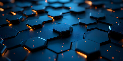 Fototapeta premium Abstract close-up of hexagonal patterns with glowing edges, showcasing a futuristic design in blue and orange tones.
