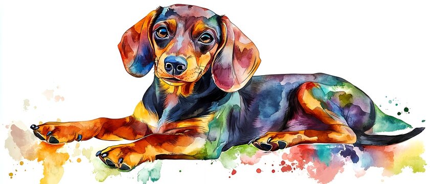 A colorful watercolor illustration of a lounging dog.