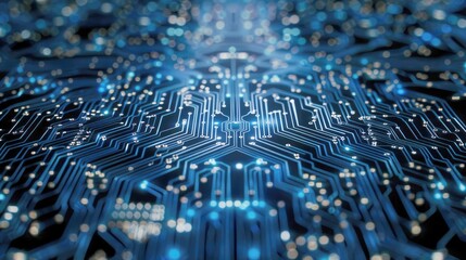 Blue Circuit Board with Illuminated Traces and Components