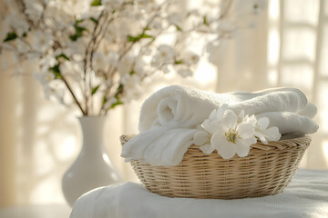 A serene setting featuring a basket of white towels and elegant flowers, perfect for spa and relaxation themes.