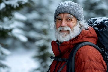 Fototapeta premium A smiling senior man in a red jacket and grey beanie stands in a snowy forest, enjoying the tranquility of winter nature.