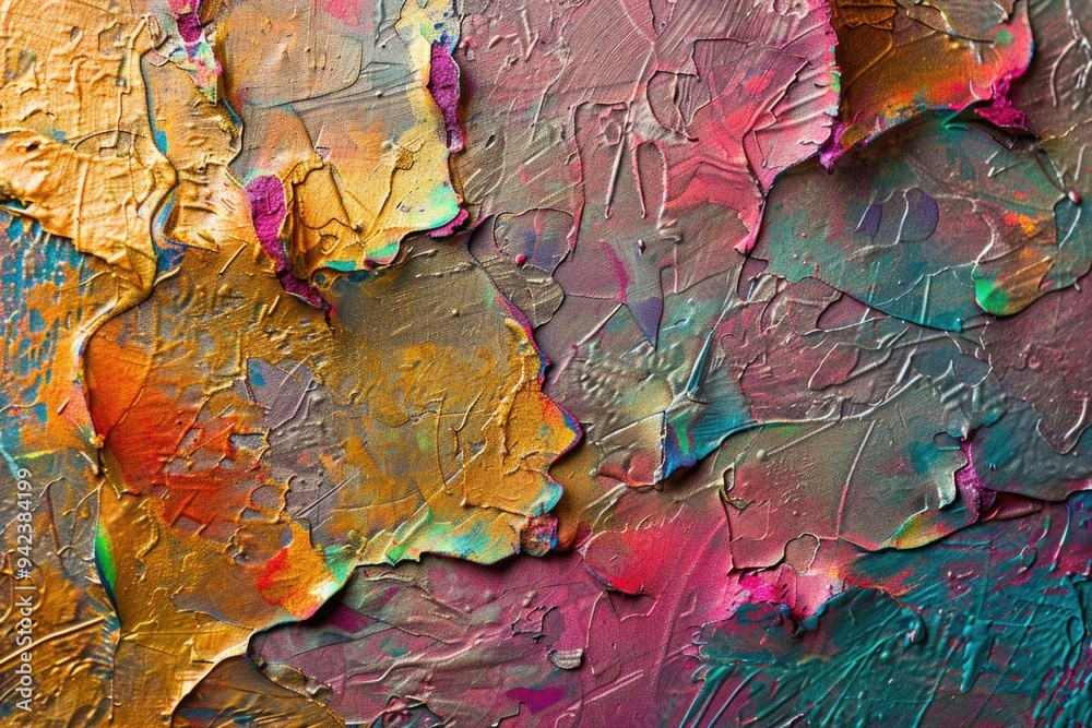 Poster a close-up view of a vibrant painting on a wall, perfect for use in art or design contexts
