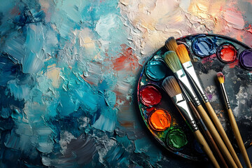 Fototapeta premium A vibrant artist palette with colorful paints and brushes, showcasing the beauty of creativity and artistic expression.