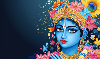 illustration of Krishna Janmashtami background for banner, Lord Krishna decorated with jewelery and flowers