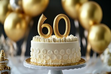 Celebratory cake with golden 60 and festive balloons at a birthday party