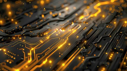 Illuminated Circuit Board with Glowing Lines and Dots