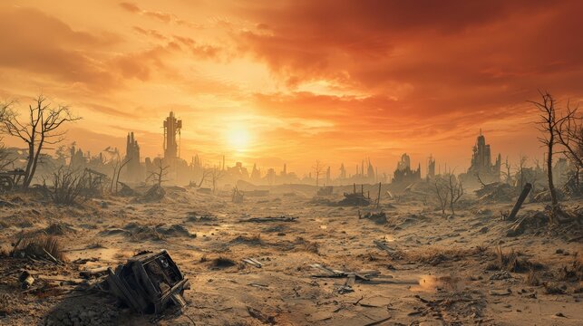 A post-apocalyptic wasteland featuring a ruined cityscape under a dramatic sunset, with barren trees and scattered debris in the desolate landscape.