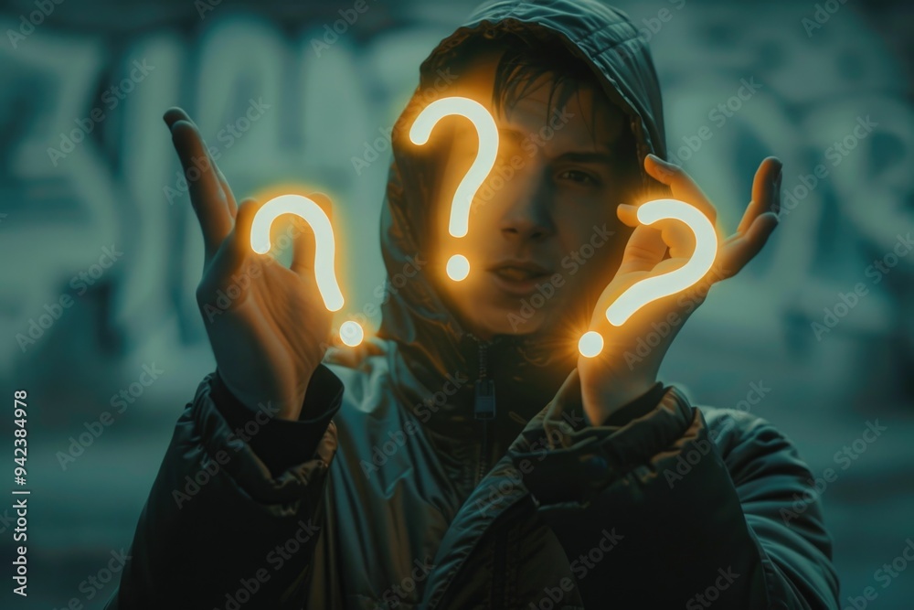 Aufkleber a person holds up two glowing question marks in a neutral background
