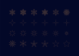 キラキラと星と雪の結晶のアイコン。冬のデザインに適した装飾のベクターイラストセット。