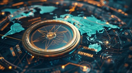 Compass on world map with digital marketing background generative ai