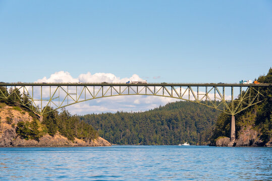 USA, Washington State. Deception Pass Bridge joins Whidbey Island Canoe Island Fidalgo Island. Built by CCC in 1934