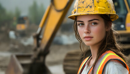 Focused female worker on a construction site, showcasing dedication and professionalism in a challenging environment.
