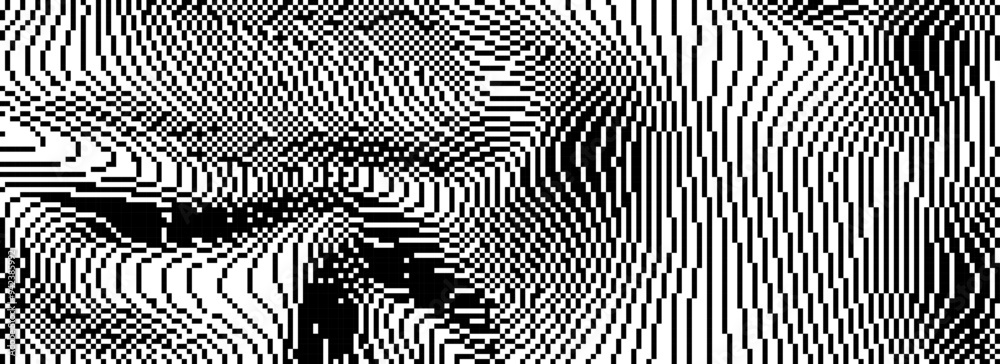 Poster dithered curved wavy texture. black pixelated glitch lines background. digitalized distorted stripes