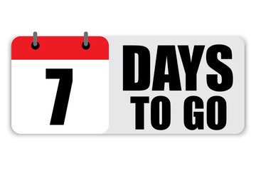 Countdown calendar icon. Number seven focus. Bold 7 days to go text. Red and white layout.