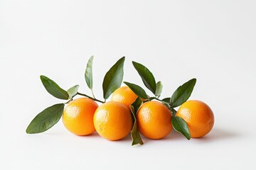 A cluster of fresh oranges with green leaves on a white background.