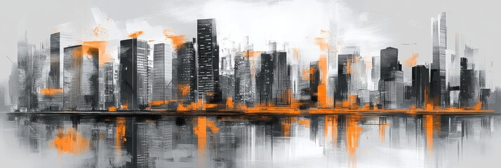 This captivating abstract watercolor painting showcases a stunning city skyline in bold black and vibrant orange tones, reflecting an urban landscape with artistic flair and contemporary style