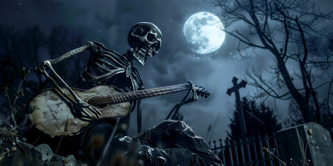 Skeleton Guitarist Under a Full Moon in Creepy Graveyard, Dark and Spooky Scene with Skeleton Playing Guitar


