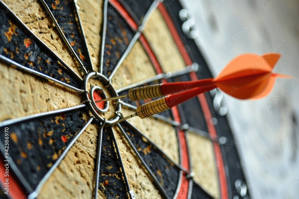 Poster A close-up view of a dart lodged in the center of a target, with a circular design and concentric rings