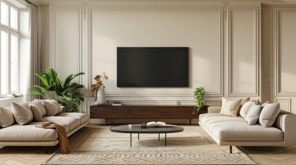 Empty living room mockup a TV wall mounted with sofa in living room with cream color wall- 3D rendering 