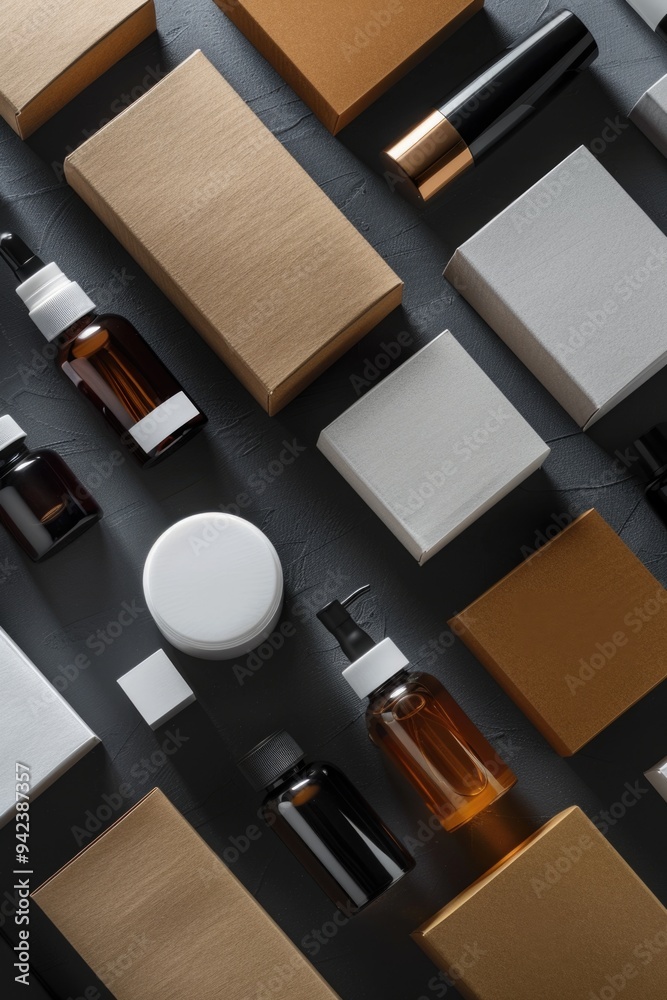 Poster A collection of variously shaped bottles and boxes arranged on a table surface