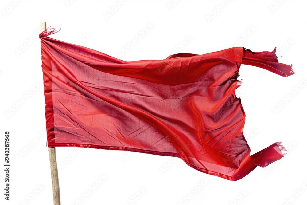 Poster A red flag blowing freely outside, often used as a symbol of warning or attention