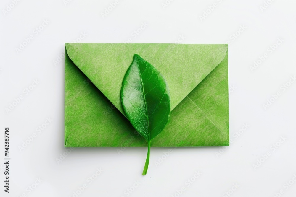 Poster a small green envelope with a leaf stuck in the corner, possibly containing a letter or package