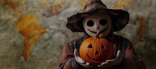 Scarecrow monster with hat holding halloween pumpkin