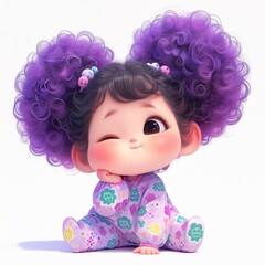 Fototapeta premium A cute cartoon child with purple curly hair, wearing a colorful outfit and playfully winking.