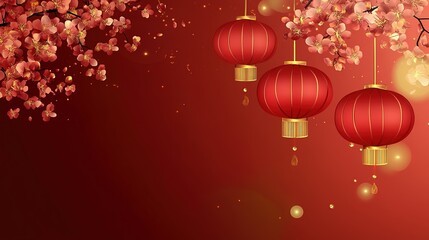 Chinese Red Background with Flowers and Lanterns: Festive and Vibrant Design Featuring Traditional Floral Patterns and Decorative Lanterns for Celebratory Occasions