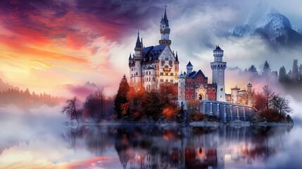 Fototapeta premium Regal castle on a cliffside, Fantasy, Majestic, Watercolor, Emphasizing grandeur and scenery