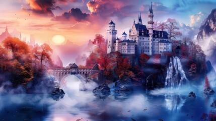 Fototapeta premium Regal castle on a cliffside, Fantasy, Majestic, Watercolor, Emphasizing grandeur and scenery