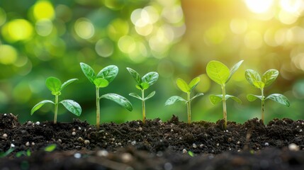 Row of Green Seedlings Emerging From Dark Soil in Sunlight