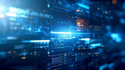 Abstract Blue Digital Interface with Glowing Lights and Data