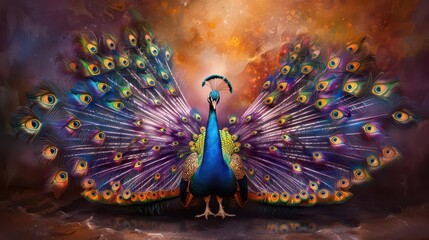 Obraz premium Resplendent peacock display, Fantasy, Vibrant, Watercolor, Highlighting natural beauty