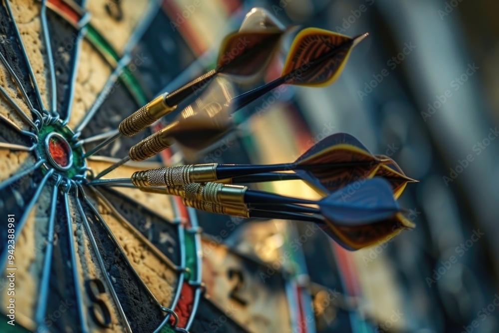 Poster A close-up shot of a bunch of darts hanging on a wall, with some having hooks or points visible