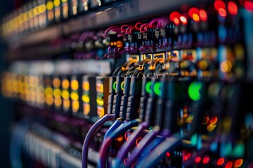 A closeup shot of an electrical panel with wires emphasizes the small details like printed circuit boards and colorful data. The background is blurred to focus on the electrical equipment in the foreg
