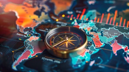 Compass on world map with economic growth indicators background generative ai