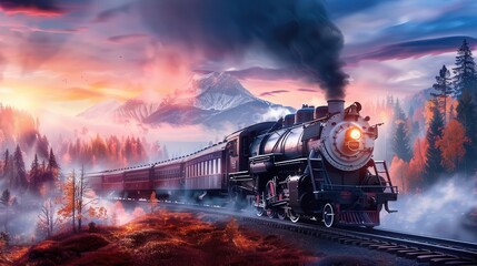 Scenic train journey, Fantasy, Relaxing, Watercolor, Highlighting picturesque travel