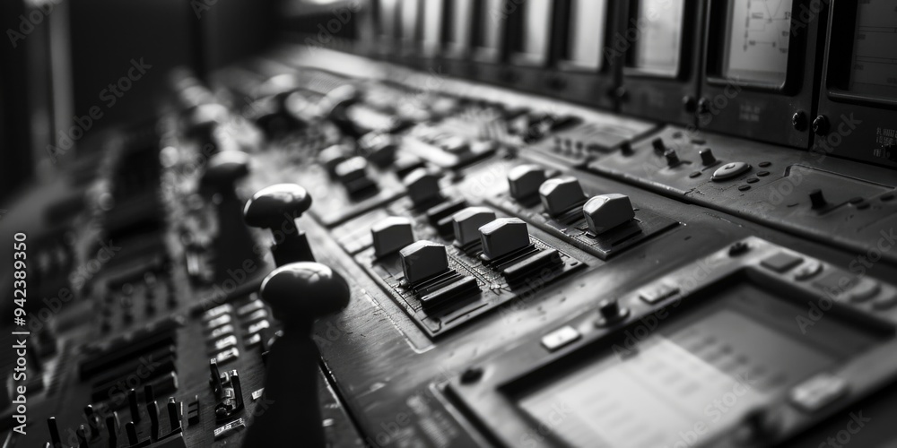 Poster A close-up view of a control panel in a room, ideal for use in illustrations about technology and engineering