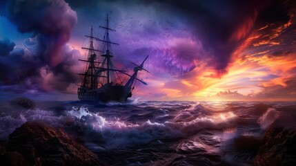 Obraz premium Shipwreck on a rocky coast, Fantasy, Dramatic, Watercolor, Emphasizing natural forces