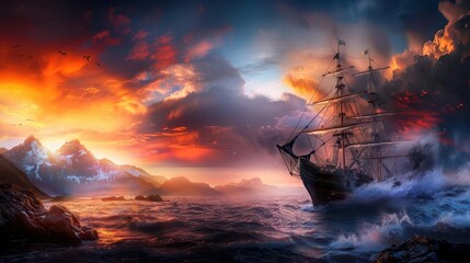 Obraz premium Shipwreck on a rocky coast, Fantasy, Dramatic, Watercolor, Emphasizing natural forces