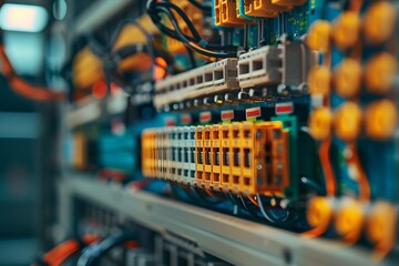 A closeup shot of an electrical panel with wires emphasizes the small details like printed circuit boards and colorful data. The background is blurred to focus on the electrical equipment in the foreg