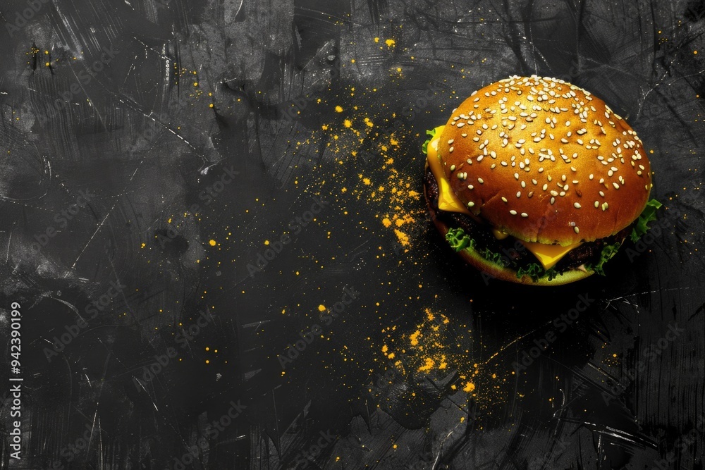 Canvas Prints A juicy hamburger topped with melted cheese, crisp lettuce, and served on a dark background