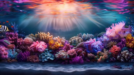 Fototapeta premium Underwater coral reef biodiversity, Fantasy, Vibrant, Watercolor, Highlighting marine life
