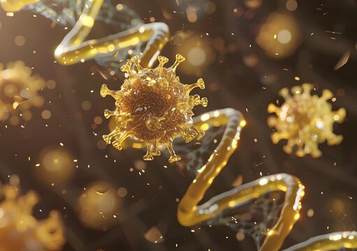 3d rendering of yellow corona virus and DNA double helix, Isolated on brown background